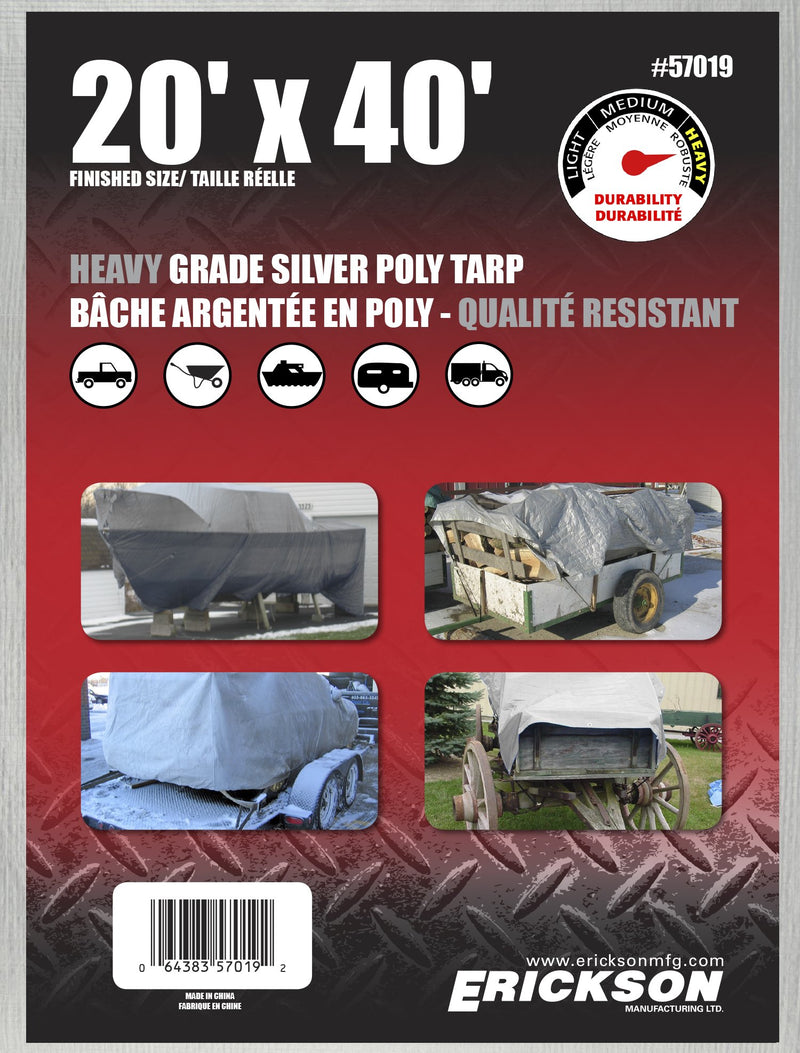 Heavy Grade Erickson 57019 Silver Poly Tarp, 20' x 40', 1 Pack