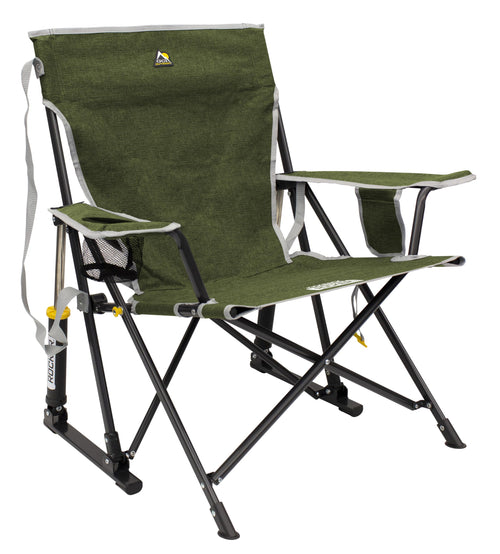 GCI Outdoor Rocker Kickback Camping Chair | Portable Folding Rocking Chair with Durable Armrests, Drink Holder & Relaxed Lowered Seat for Comfort — Loden Green