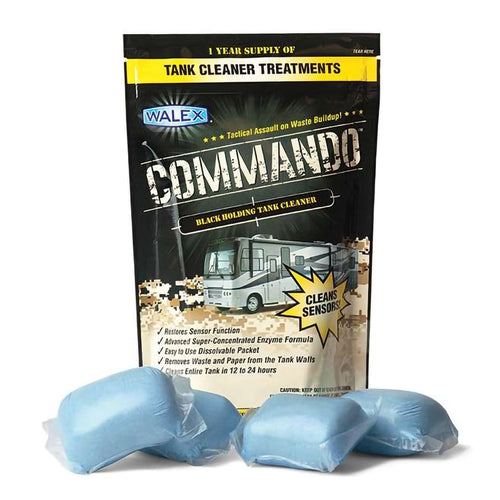 Walex RV Black Holding Tank & Sensor Cleaner Commando - Eliminates Waste & Paper Buildup, Restores Sensor Function, Lubricates Valves & Seals, Advanced Enzyme Formula; Dissolvable Packets, 4 Count