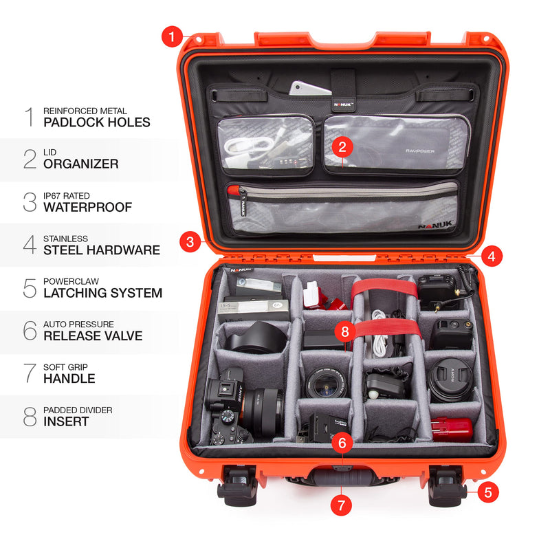 Waterproof Nanuk 930 Hard Case with Lid Organizer and Padded Divider - Orange (930-6003)