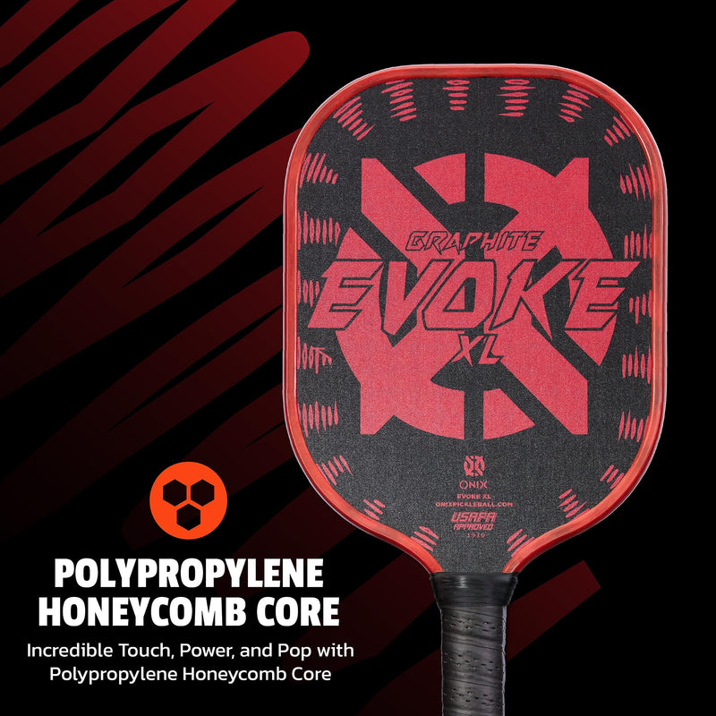 Graphite Onix Evoke XL Pickleball Paddle Features Polypropylene Core, Graphite Face, and Oversized Shape, Red