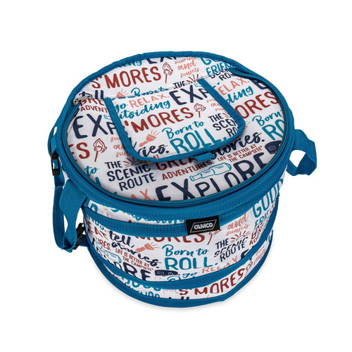Camco Pop-Up Soft Cooler is Better at The Campsite Life - Features a Water-Resistant Interior, Built-in Bottle Opener, and Camping Graffiti Design - Holds Up to a 12-Pack of Bottles or Cans (53416)
