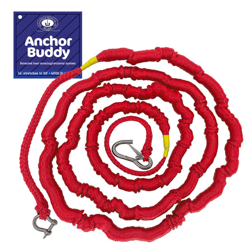 The Original Greenfield Anchor Buddy, Bungee Anchor Rope for Boats. 14ft to 50ft Stretch. Elastic Snubber Line. (Red)