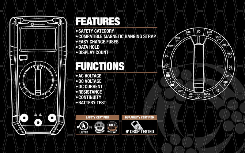 Multimeter Southwire Manual Range - 7 Functions & 19 Ranges - Double-Molded Rugged Housing - Battery Test - CAT III 300V Safety Rating