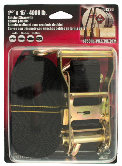 1.5" x 15' Medium Duty Ratcheting Tie-Down Strap Erickson with double J-hook, 4000 lb Load Capacity
