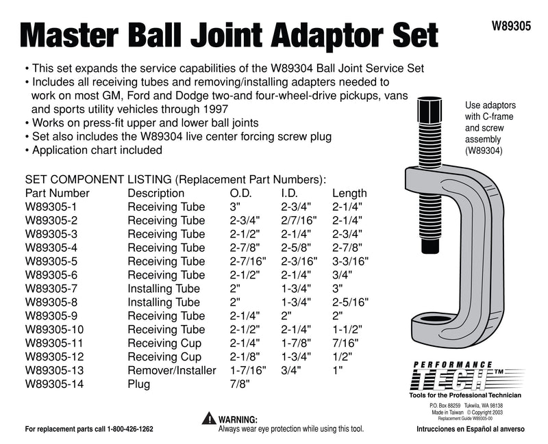 Master Ball Joint Adapter Set Performance Tool W89305