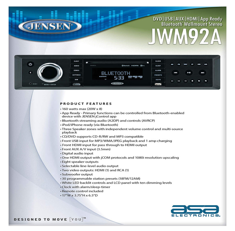Jensen 3-Speaker JWM92A Zones Slimline Theater-Style DVD|USB|AUX|HDMI|App Ready Bluetooth Wallmount Stereo, Speaker Output 20X 8 Watt, Plays: CD/CD-R/CD-RW/DVD/DVD+R/DVD+RW/DVD-R/DVD-RW/MP3/WMA/JPEG