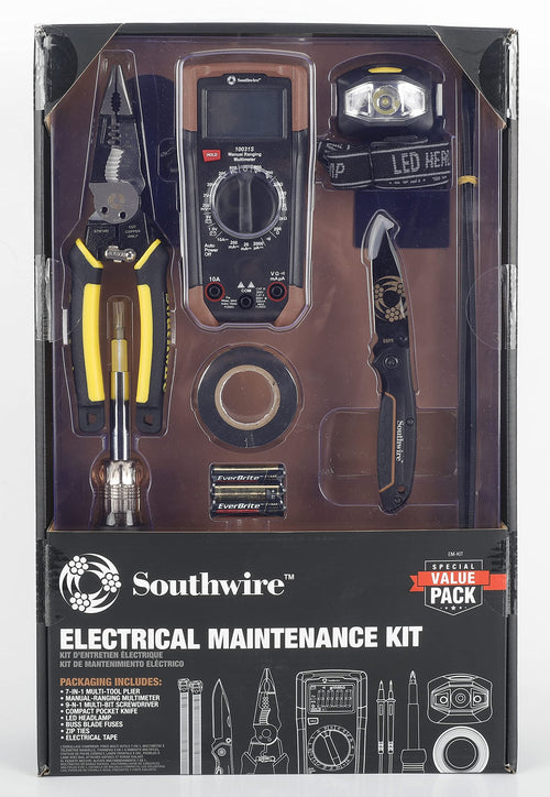 Electrical Tool Kit including Multi-Tool Pliers, Multimeter, Multi-Bit Screwdriver, Compact Pocket Knife, LED Headlamp, Buss Blade Fuses, Zip Ties, and Electrical Tape