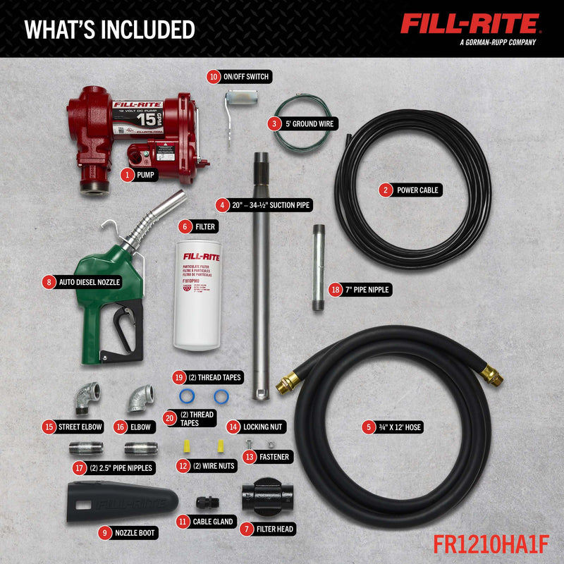 Fill-Rite 12V FR1210HA1F Fuel Transfer Pump with Discharge Hose, Automatic Nozzle, Filter Kit, Suction Pipe 15 GPM (57 LPM)
