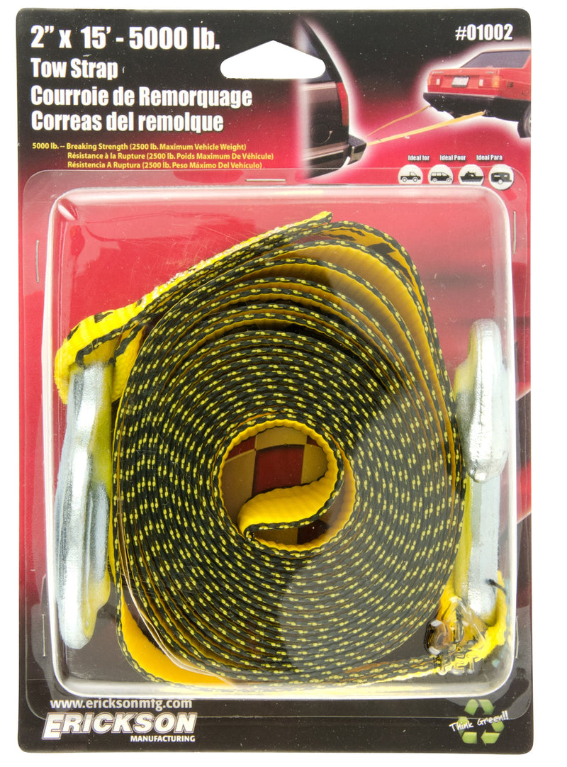 2" x 15' Yellow Tow Strap with Hooks Erickson 01002