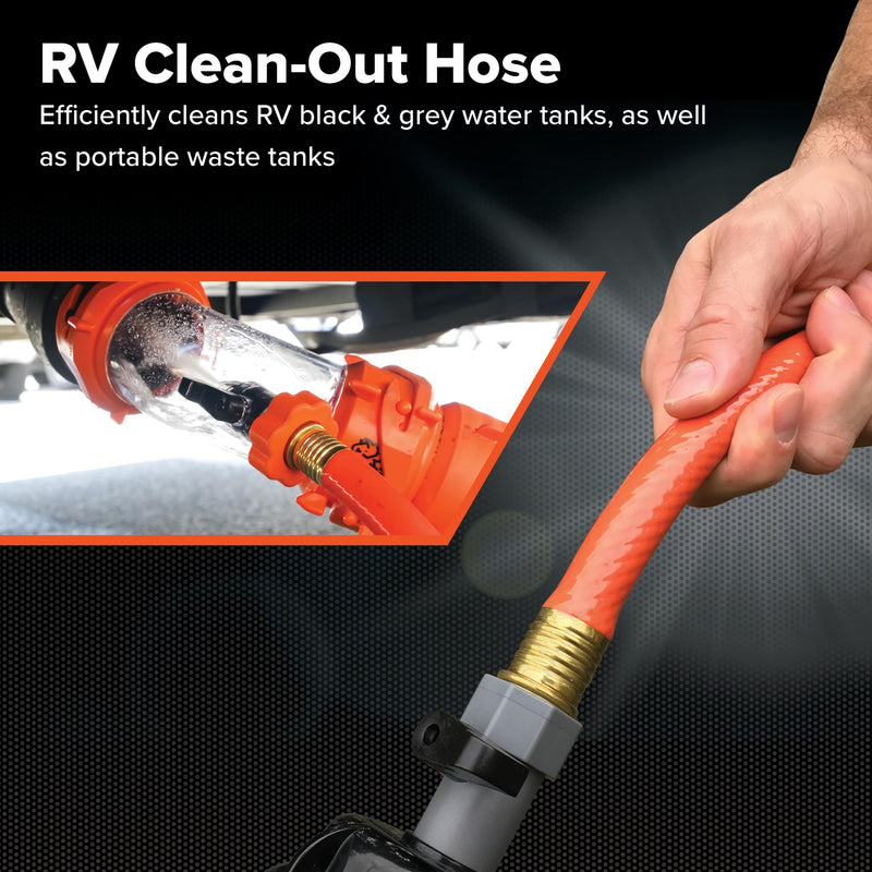 25-Ft Camco Rhino Clean-Out Black Water/RV Hose - Features a Heavy-Duty PVC Design & Bright Orange Color - Clean-Out Camper Black Water, Grey Water or Tote Tanks - 5/8” Inside Diameter (22990)