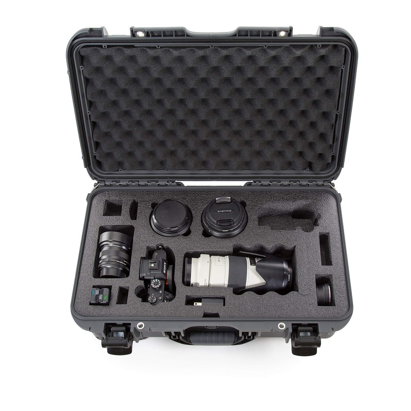 Waterproof Nanuk 935 Carry-On Hard Case with Custom Foam Insert for Sony a7R Size Camera w/Wheels - Graphite