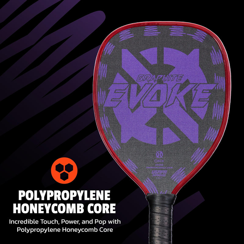 Onix Evoke Graphite Tear Drop Pickleball Paddle Features Tear Drop Shape, Polypropylene Core, and Graphite Face, Purple