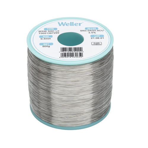 Weller Lead Free Solder Wire WSW SAC L0 (T0051388399), Dia: 0.3 mm / 0.012 in, Wt: 100 g / 3.527 oz, Alloy Sn96.5Ag3.0Cu0.5, Flux content 3.5%