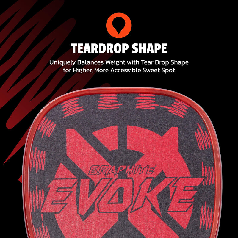 Graphite Onix Evoke Tear Drop Pickleball Paddle Features Tear Drop Shape, Polypropylene Core, and Graphite Face, Red