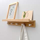 YIMJ Wall Shelf Coat Rack Bamboo Wooden Hook Rack With 5 Alloy Hooks And Upper Shelf For Storage For The Entrance Hallway Bathroom Living Room Bedroom Kitchen, White