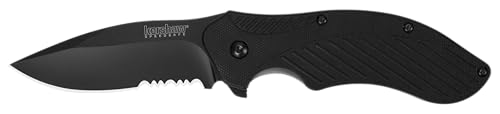 Kershaw Black Clash Serrated Pocketknife, 3" 8Cr13MoV Steel Drop Point Blade, Assisted One-Handed Flipper Opening, Folding Utility EDC