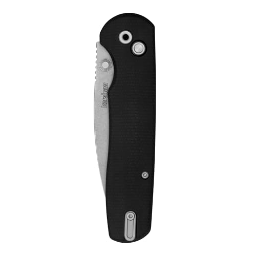 Kershaw Folding Remnant Pocket Knife, 3.25 inch D2 Stonewashed Steel Blade, Black Micarta Handle, Spear Point Shape, Button Lock Locking Mechanism, Pocketclip