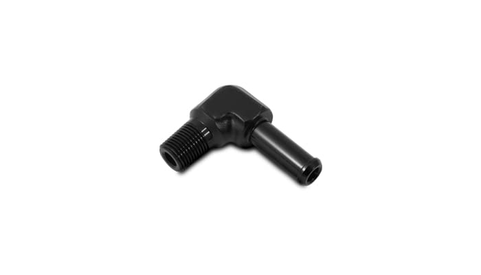 90 Degree Vibrant Power 11238 Fitting, Male 1/2 in. NPT to 1/2 in. Hose Barb, Aluminum, Black Anodized, each