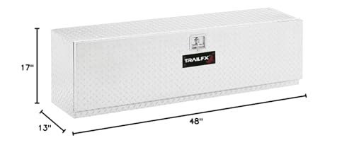 TrailFX Top Mount Tool Box Single Door Polished 16 Gauge Aluminum Diamond Tread 48 Inch Length 13 Inch Width 17 Inch Height 6.3 Cubic Feet Capacity Lockable Lid Truck Bed Tool Box