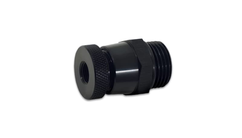 Adapter, Vibrant Power 12677, Oil Drain Plug, Oil Drain Valve, Male -8 AN Straight Cut with O-Ring, with Female 1/8 in. NPT Drain Port, Aluminum, Black Andoized, Each