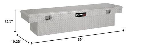 110701 TrailFX Tool Box Crossover Standard Single Lid With Struts Diamond Tread Bright Polished 16 Gauge Aluminum 8.8 Cubic Foot Capacity With Plastic Tray