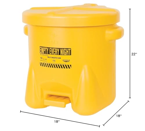 Eagle Oily Waste 935FLY Polyethylene Safety Can with Foot Lever, 10 Gallon Capacity, Yellow