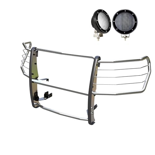 Grille Guard Kit Black Horse Modular Stainless Steel w/Pair of 5.3" Dia. LED Flood Lights w/Black Trim Rings Wiring Harness and Switch Compatible with 2019-2021 Chevrolet Silverado 1500