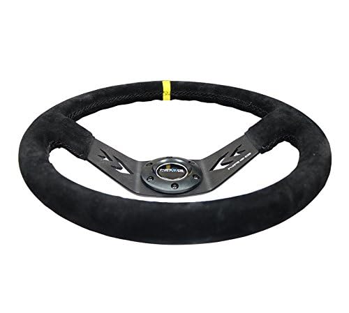 NRG Innovations Reinforced NRG-RST-022S-Y Steering Wheel Arrow Cut Out Two Spoke 350mm Sport Stereing Wheel Suede (3" Deep) Black Suede, Yellow Center Marking