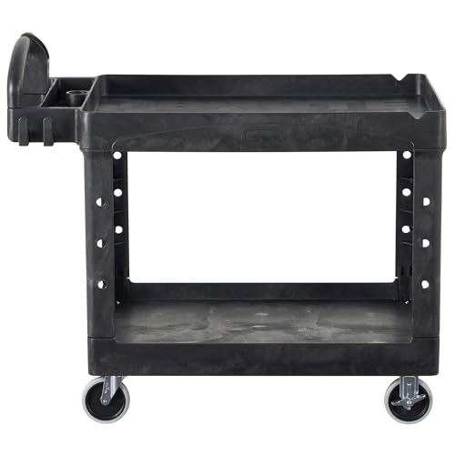 Rubbermaid 2-Shelf Commercial Products Utility/Service Cart, Medium, Black, Lipped Shelves, Ergonomic Handle, 500 Lbs Capacity, for Warehouse/Garage/Cleaning/Manufacturing