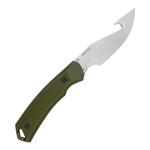 Kershaw Skinner Deschutes Gut Hook Fixed Blade Knife, Olive Design, 3.9 Inch Steel Fixed Drop Point Blade with Gut Hook, Full Tang Design, EDC, Molded Sheath, Everyday Carry Knife for Men and Women