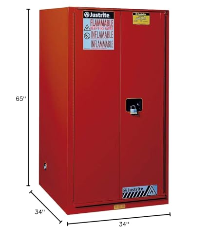 60 Gallon Justrite Self Close Flammable Storage Cabinet, 18 Gauge Steel, 2 Shelves, 2 Door Fire Cabinet, 65" x 34" x 34", Made in The USA, Red, 896021