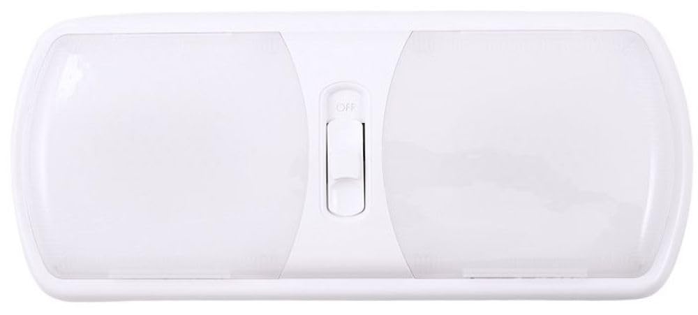 LED Ceiling Double Light Arcon 20714N – Euro-Style 12V Soft White Dome Fixture with White Lens, 11.56 x 4.95 Inch, 3-Position Switch, Compact Interior Lighting for RV, Camper, Trailer