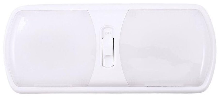 LED Ceiling Double Light Arcon 20714N – Euro-Style 12V Soft White Dome Fixture with White Lens, 11.56 x 4.95 Inch, 3-Position Switch, Compact Interior Lighting for RV, Camper, Trailer