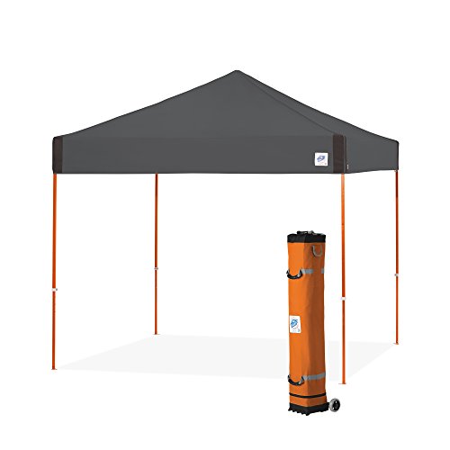 Pyramid Instant Shelter E-Z UP Canopy, 10' x 10' with Wide-Trax Roller Bag & 4 Piece Spike Set, Steel Gray