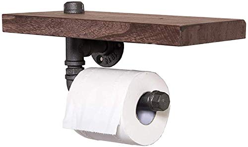 YIMJ Industrial Rustic Pipe Toilet Paper Holder By Pipe Decor At Wall Mounted Wooden Shelf, Metal Wall Storage Iron Pipe Fabric Roll Hanger (Single Faced)