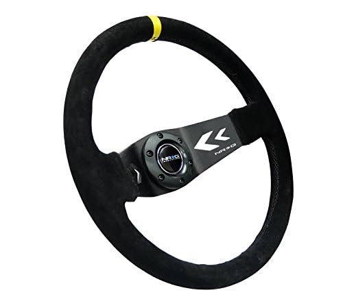 NRG Innovations Reinforced NRG-RST-022S-Y Steering Wheel Arrow Cut Out Two Spoke 350mm Sport Stereing Wheel Suede (3" Deep) Black Suede, Yellow Center Marking