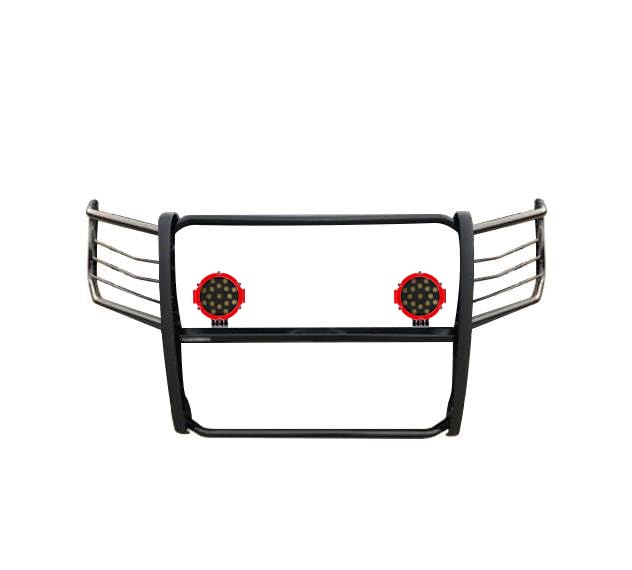 Bumper Guard Black Horse Grille brush Modular Come With pair of 7.0"Dia.LED Lights with Red Trim Rings Compatible with 2015-2024 Ford F-150-17FP32MA-PLR