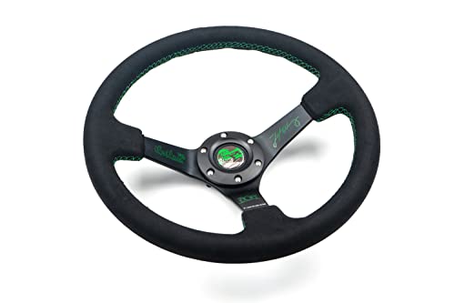 NRG Innovations Reinforced Sport Steering Wheel NRG-RST-036MB-S-FW-1 3" Deep, 5mm Matte Black Spoke, 350mm, Black Alcantara with Green Regular Stitching