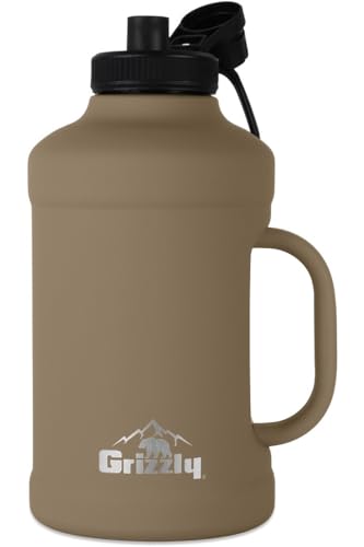 64oz Grizzly Water Bottle | Vacuum Insulated | Leak Resistant Lid | Stainless Steel | Heavy Duty Handle | For Gym Hiking Beach Sports Camping | Desert Sand