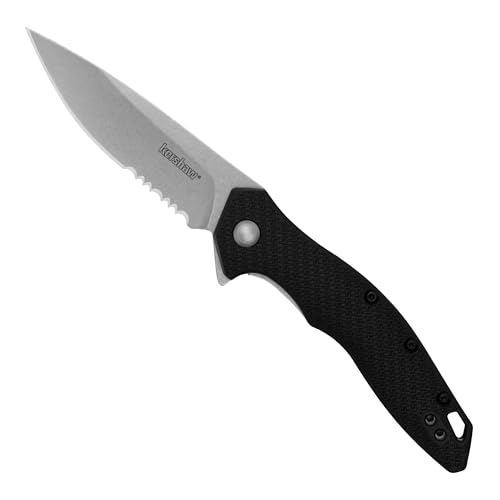 Kershaw Folding Shoreline Pocket Knife, All Purpose 3 inch Serrated Blade, Deep Carry Pocketclip, Black GFN Handle, Stonewashed Blade