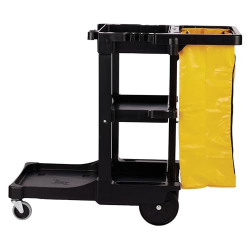 Rubbermaid Commercial 3-Shelf Traditional Janitorial Cleaning Cart, Wheeled with Zippered Yellow Vinyl Bag, for Business/School/Office/Janatorial Cleaning