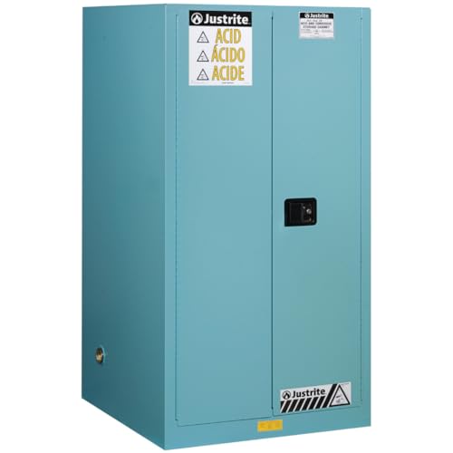Justrite Storage Cabinet Acid Corrosive - 60 Gallon 2 Door Manual Close Chemical Cabinet with ChemCor® Coating - 34" x 65" x 34" - Made in The USA - Light Blue - 8960022