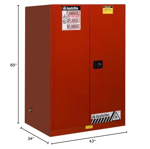 90 Gallon Justrite Manual Close Flammable Storage Cabinet, 18 Gauge Steel, 2 Shelves, 2 Door Fire Cabinet, 65" x 43" x 34", Made in The USA, Red, 899001
