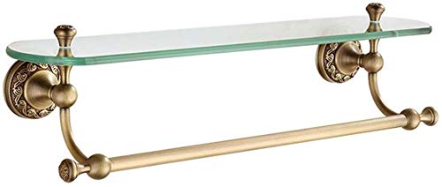 Glass Bathroom Rack With Towel Bar Single deck, Blue And White Porcelain Design，Brass, Brushed, Antique Bathroom Cosmetic Storage Rack Bathroom Shelf
