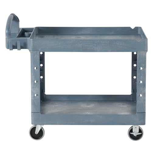 Rubbermaid Commercial Products Heavy Duty BRUTE 2-Shelf Utility/Service Cart, Medium, Lipped Shelves, Ergonomic Handle, 500 lbs. Capacity, Gray, for Warehouse/Garage/Cleaning/Maintenance/Stadiums