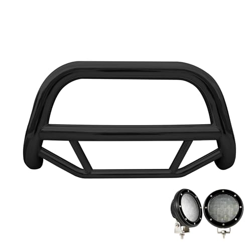 Max Bull Bar Kit Black Horse No Skid Plate Compatible with 2022-2025 Nissan Pathfinder|2022-2024 Infiniti QX60, Comes with a Set of 5.3" Black Round Flood LED Lights