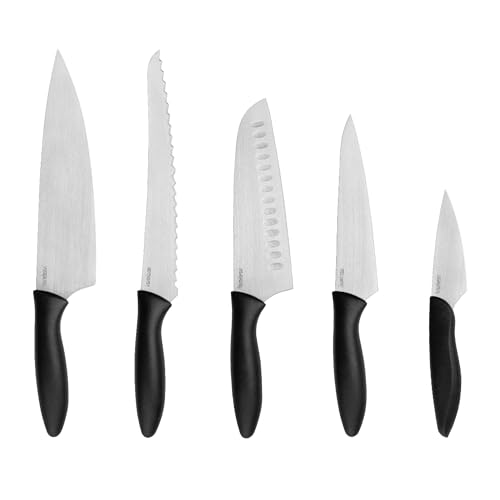 Kershaw Kitchen 6-Piece Knife Block Set - Chef, Bread, Santoku, Utility & Paring Knives with Wood Block, German Stainless Steel Blades, Black Handles