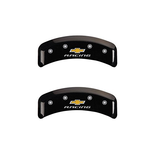 Caliper Covers MGP 13013SBRCBK (Black Powder Coat Finish, Engraved Front and Rear: Chevy racing, Silver Characters, Set of 4)