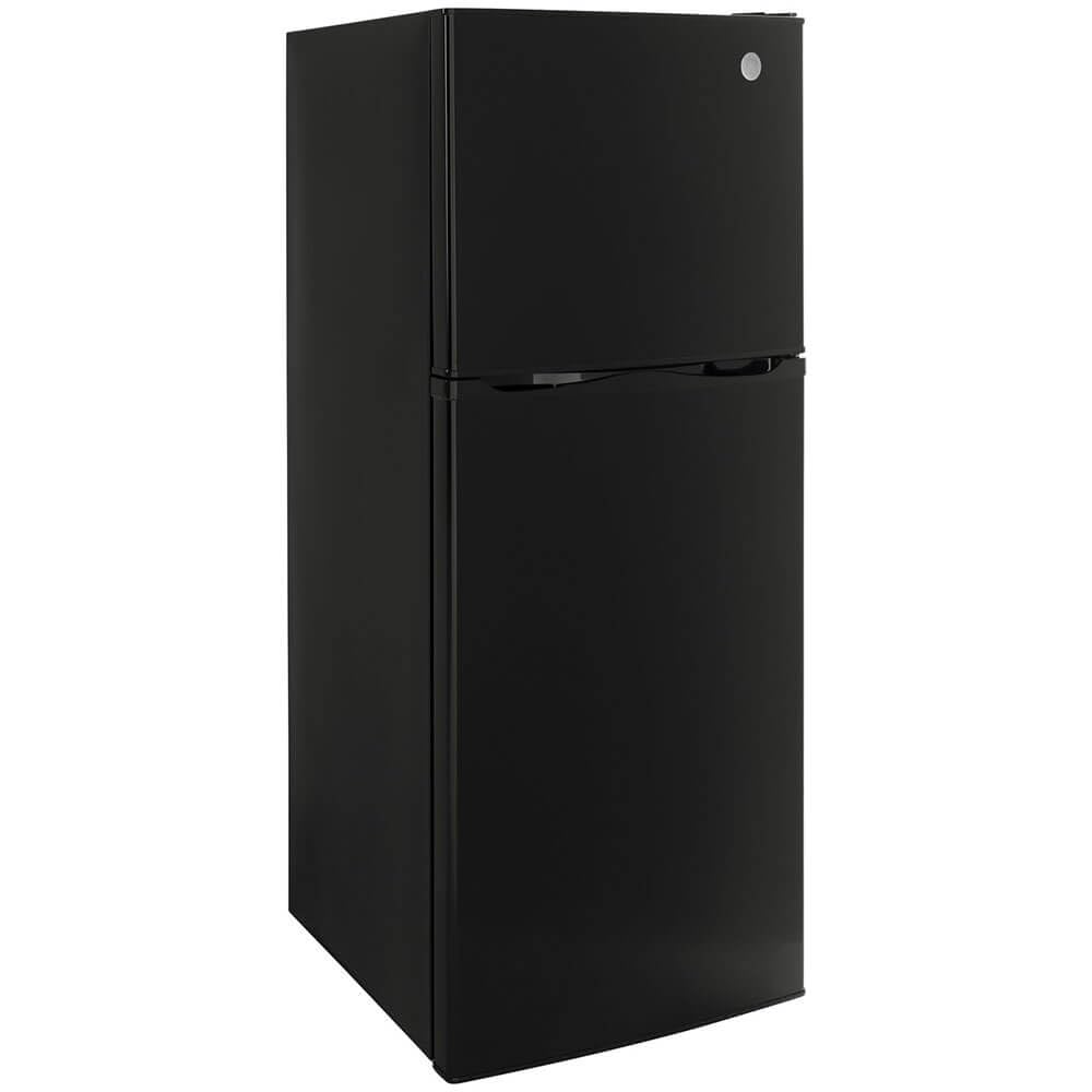24" GE GPV10FGNBB Top Freezer Refrigerator with 9.93 cu. ft. Capacity 12V DC Power Only LED Lighting and Adjustable Spillproof Glass Shelves in Black
